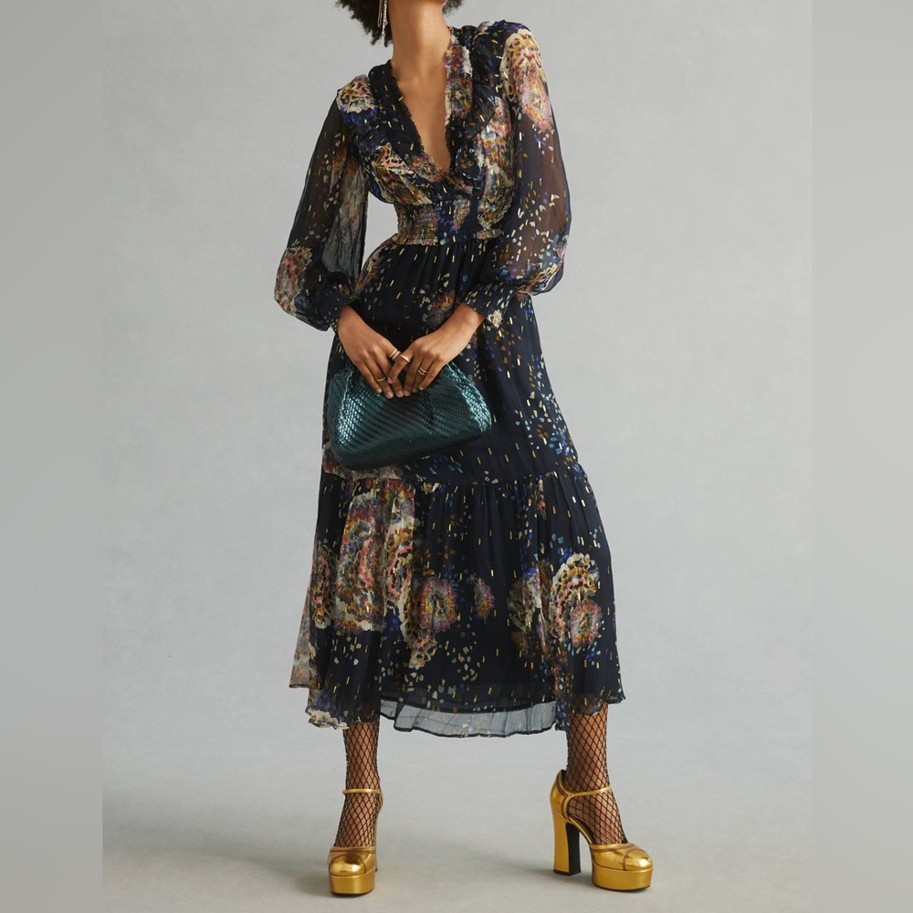 by anthropologie smocked v neck maxi dress | long sleeve holiday gown | size XS
